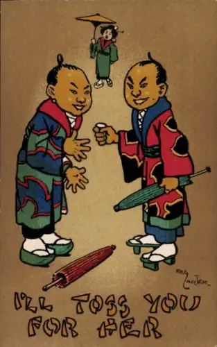 Künstler Ak Carter, Reg, I'll toss you for her, zwei japanische Männer werfen Münze um eine Frau