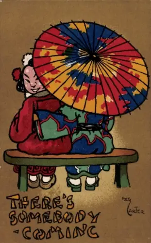 Künstler Ak Carter, Reg, There's Somebody Coming, japanische Frau, Sonnenschirm