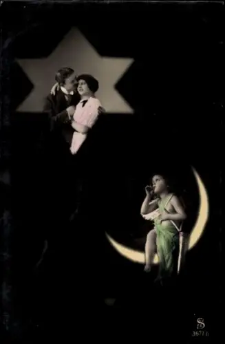 Ak Liebespaar, Stern, Liebesengel auf einer Mondsichel