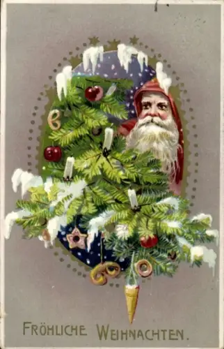 Passepartout Ak Frohe Weihnachten, Weihnachtsmann, Tannenbaum