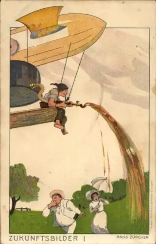 Künstler Ak Zürcher, Hans, Zukunftsbilder, Bauer verteilt Gülle aus einem Zeppelin