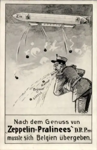 Ak Nach dem Genuss von Zeppelin-Pralinees musste sich Belgien übergeben, Z 14, Bombenabwurf