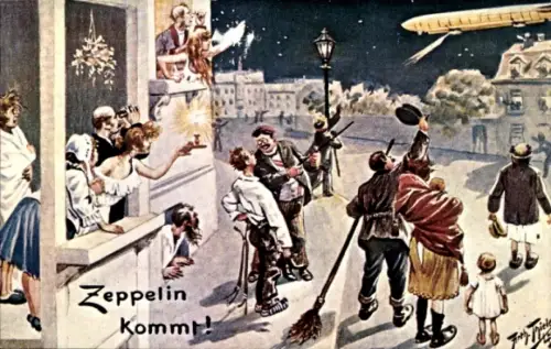 Künstler Ak Thiele, Arthur, Zeppelin kommt, Straßenszene bei Nacht