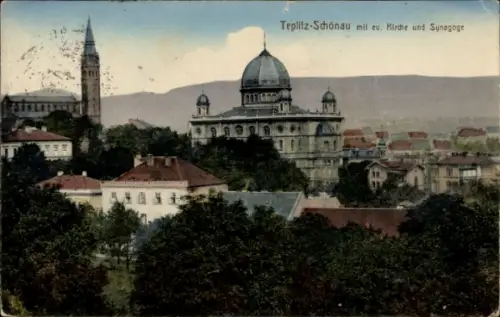 Judaika Ak Teplice Šanov Teplitz Schönau Region Aussig, evangelische Kirche, Synagoge