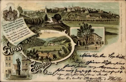 Litho Eisenberg in Thüringen, Gesamtansicht, Brunnen, Gymnasium