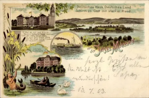 Litho Insel Mainau im Bodensee, Schloss, Dampfschiff Kaiser Wilhelm, Schlosshof