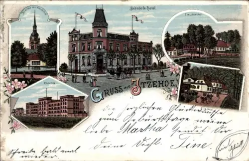 Litho Itzehoe in Holstein, Kirche, Kaserne, Bahnhofshotel, Freudenthal, Eichthal