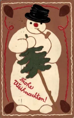 Ak Frohe Weihnachten, Schneemann mit Pfeife