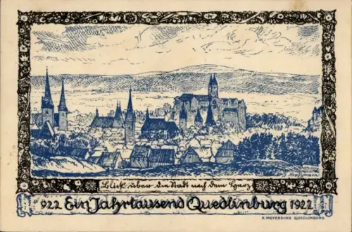 Künstler Ak Spitzmann, Quedlinburg im Harz, Totalansicht, Tausendjahrfeier 1922