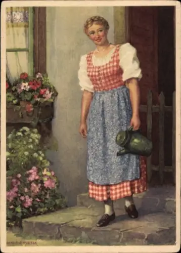 Künstler Ak Schuster, Karl, Indanthren Reklame, Frau in Arbeitsschürze