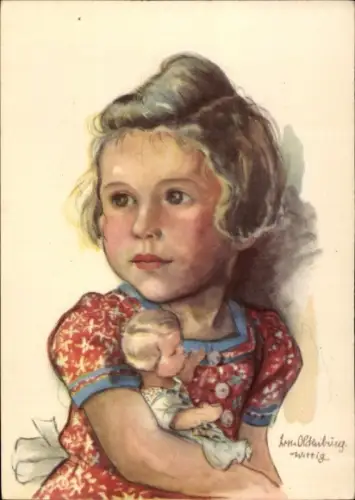 Künstler Ak Oldenburg Wittig, Lotte, Blondes Mädchen mit Puppe