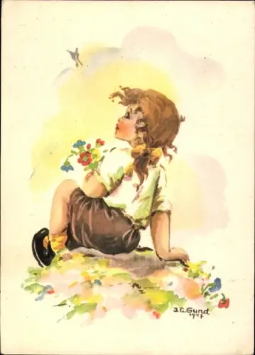 Künstler Ak Gund, Mädchen bewundert einen Schmetterling