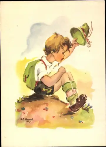 Künstler Ak Gund, Junge in Tracht, Hut, Wanderer