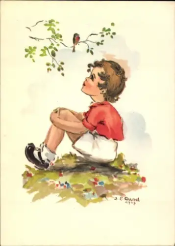 Künstler Ak Gund, Junge, Vogel am Baum