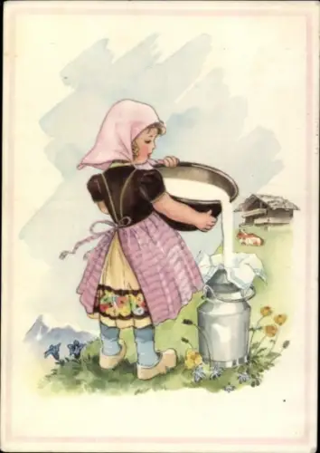 Künstler Ak Oldenburg Wittig, Lotte, Mädchen füllt Milch in Milchkanne, EAS