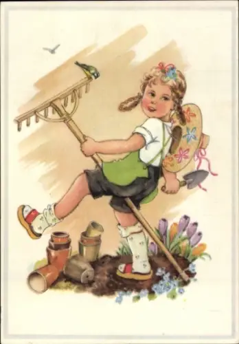 Künstler Ak Oldenburg Wittig, Lotte, Mädchen mit Rechen im Garten