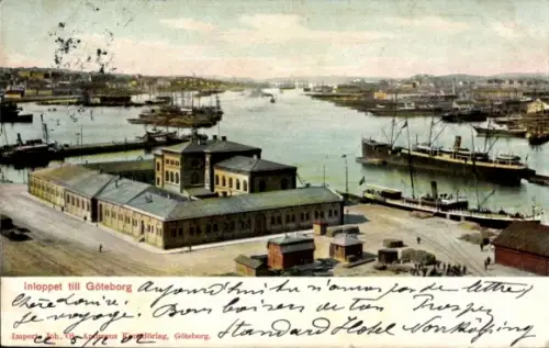Ak Göteborg Schweden, Hafenansicht, Schiffe, Gebäude, schwedischer Text, 