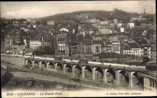 Ak Lausanne Kanton Waadt, Vorderansicht von  Le Grand Pont, viele Gebäude, Straßenbahn