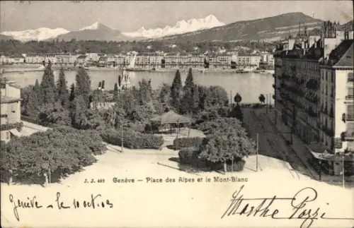 Ak Genève Genf Schweiz,  Place des Alpes, Mont-Blanc, Schwarz-Weiß-Foto