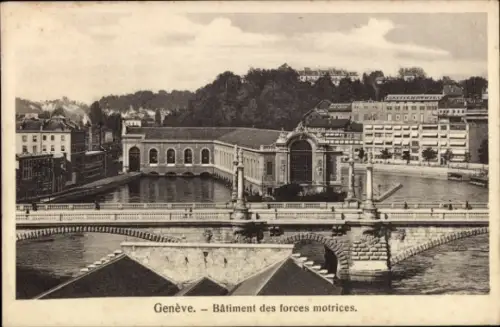 Ak Genf Stadt Schweiz, Bâtiment des forces motrices, Rhône, Brücke der Coulouvrenière