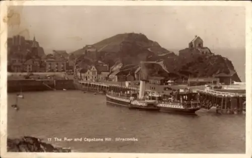 Ak Ilfracombe Devon England, Pier, Capstone Hill,  Dampfschiff, Küstenansicht