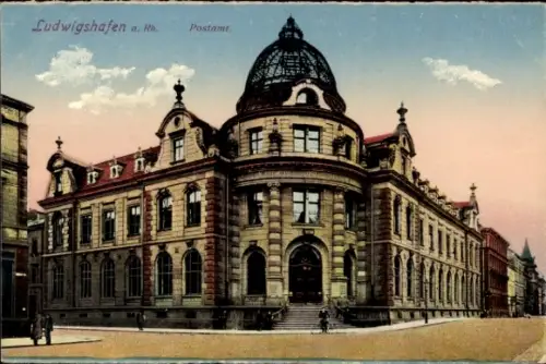 Ak Ludwigshafen am Rhein, Ludwigshafen a. Rh., Postamt,  Architektur, farbige 