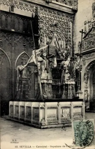 Ak Barrio de Santa Cruz Sevilla Andalusien, Catedral, Sepulcro de balón, Figuren mit Fahnen,  Dar