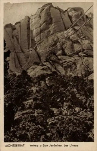 Ak Montserrat Katalonien,  Seilbahn nach San Jerónimo, Felsen, Bäume