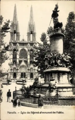 Ak Marseille Bouches du Rhône,  Eglise des Réformés, Monument des Mobiles, Menschen, Straßenbahn