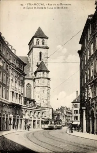 Ak Strasbourg Straßburg Elsass Bas Rhin, Straße mit Tram, Kirche St-Pierre-le-Vieux,  Gebäude