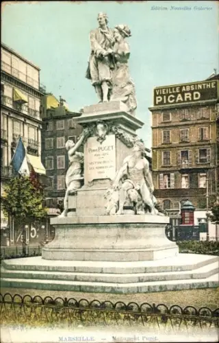 Ak Marseille Bouches du Rhône, Denkmal für Puget, Statue, französische Flagge, bunte 
