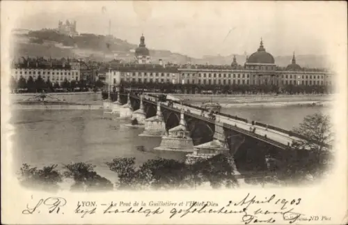 Ak Lyon Rhône, Brücke, Hotel Dieu, Fluss, Schwarz-Weiß-Foto, 1903