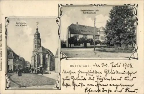 Ak Buttstädt in Thüringen, Marktplatz mit Kirche, Superindentur mit Friedenslinde, Buttstädt