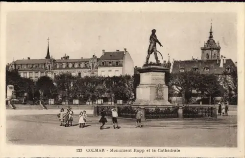 Ak Colmar Kolmar Elsass Haut Rhin, Monument Rapp, Kinder, Bäume, Gebäude, Colmar