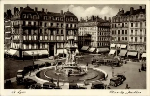 Ak Lyon Rhône, Platz mit Brunnen, Gebäude, Straßenbahn, Autos, Lyon