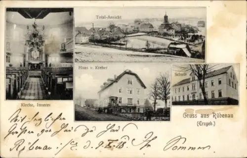Ak Rübenau Marienberg im Erzgebirge Sachsen, Total-Ansicht, Haus v. Kreher, Schule, Kirche, Inner