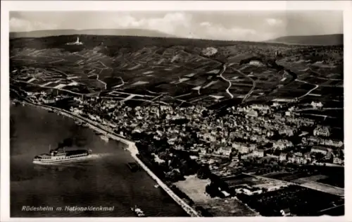 Ak Rüdesheim am Rhein, Luftaufnahme von  Nationaldenkmal, Weinberge, Rhein