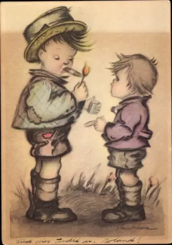 Künstler Ak Kinder beim Rauchen, Zigaretten