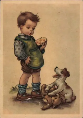 Ak Junge mit Hund und beschädigtem Spielzeug, Teddy