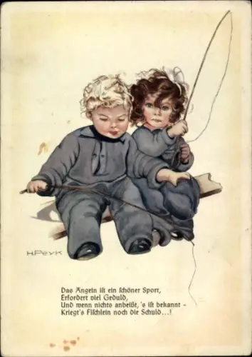 Künstler Ak Peyk, H., Zwei Kinder angeln