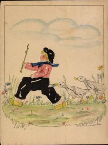 Künstler Ak Gänse jagen einen Jungen