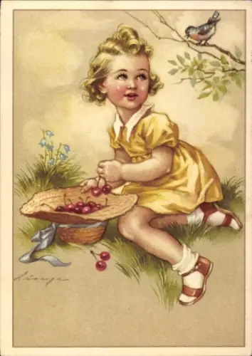 Künstler Ak Lingen, Blondes Mädchen  mit Kirschen im Strohhut, Vogel