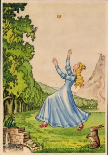 Künstler Ak Märchen Der Froschkönig, Gebrüder Grimm, Prinzessin mit goldener Kugel, Hase