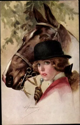 Künstler Ak Frau und braunes Pferd, gemaltes Porträt