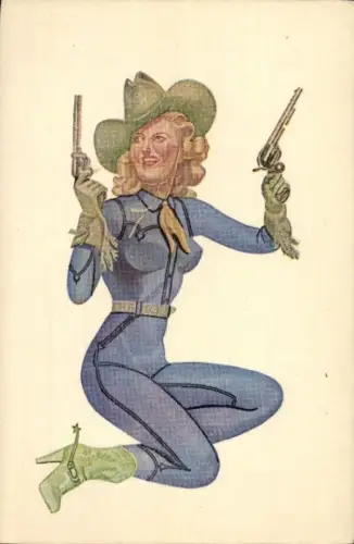 Ak Frau mit zwei Pistolen, Cowboyhut