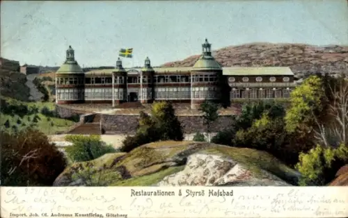 Ak Insel Styrsö Göteborg Schweden, Restaurationen  schwedische Flagge, Natur, Gebäude