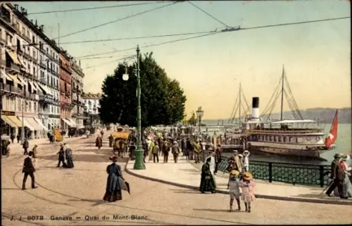 Ak Genf Stadt Schweiz,  Quai du Mont-Blanc, Menschen, Schiff, Bäume, Straßenansicht