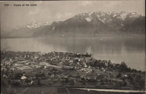 Ak Vevey Kanton Waadt, Berglandschaft,  Alpen, See, Stadtansicht