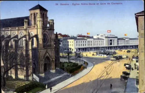 Ak Genf Stadt Schweiz, Eglise Notre-Dame, Gare de Cornavin,  Straßenansicht,  