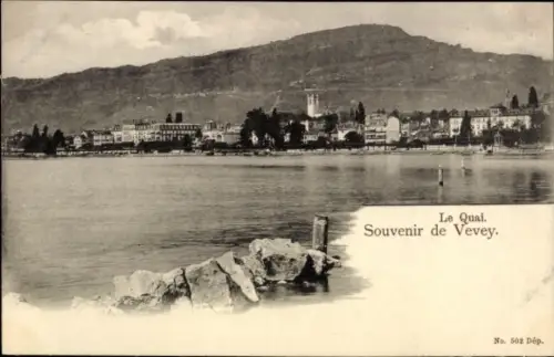 Ak Vevey Kanton Waadt, Seeblick auf  Berge im Hintergrund, Text: Souvenir de Vevey